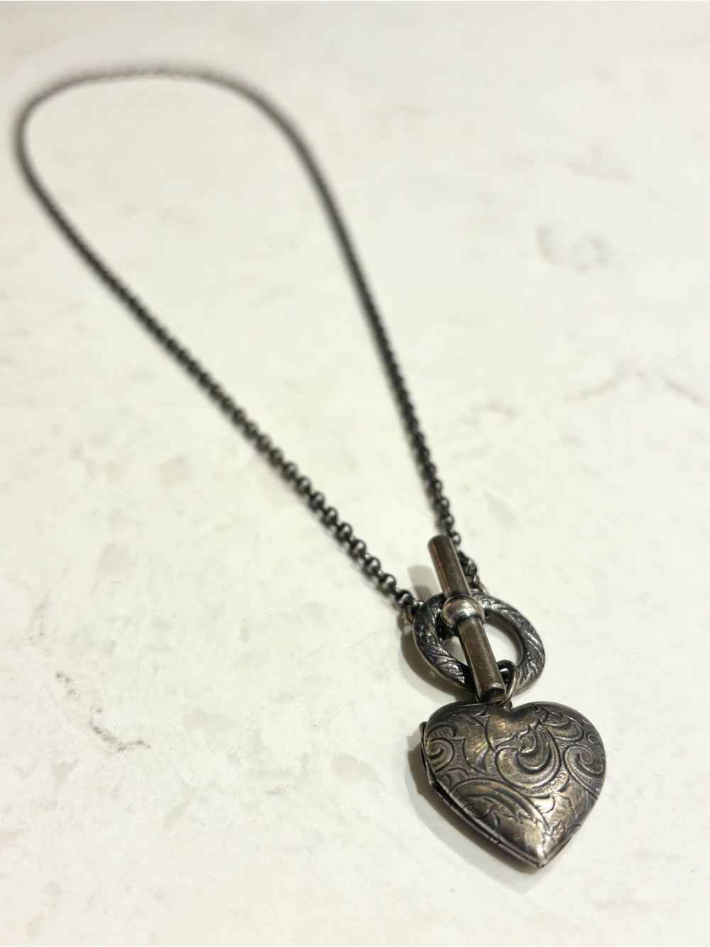 Sterling-Style Engraved Heart Locket Necklace in Antique Silver